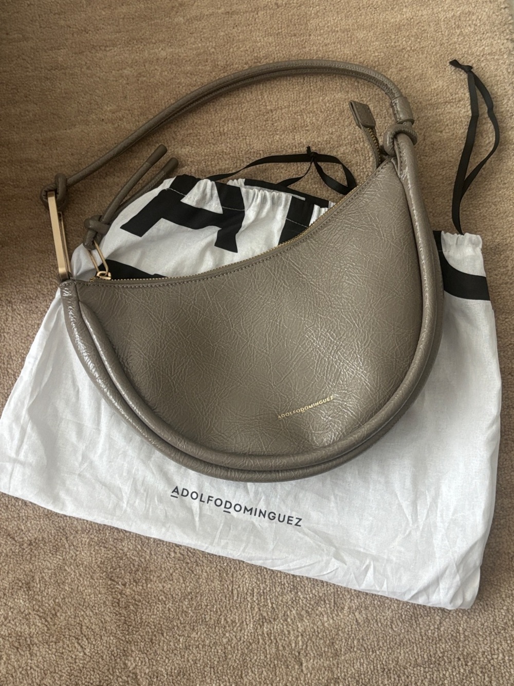 Adolfo Dominguez Taupe Crescent Shoulder Bag with Gold Accent